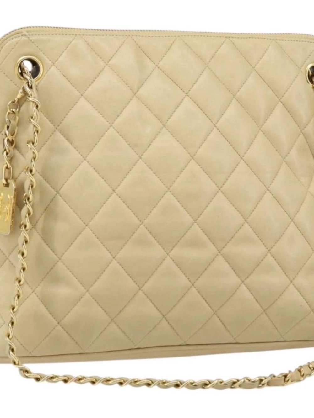 CHANEL Matelasse Chain Shoulder Tote Bag Lamb Skin Beige Gold CC Auth